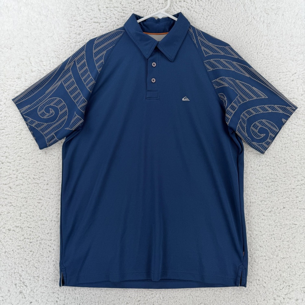 Quiksilver Polo Shirt Mens Medium Blue Geometric Tribal Mesh Performance Top